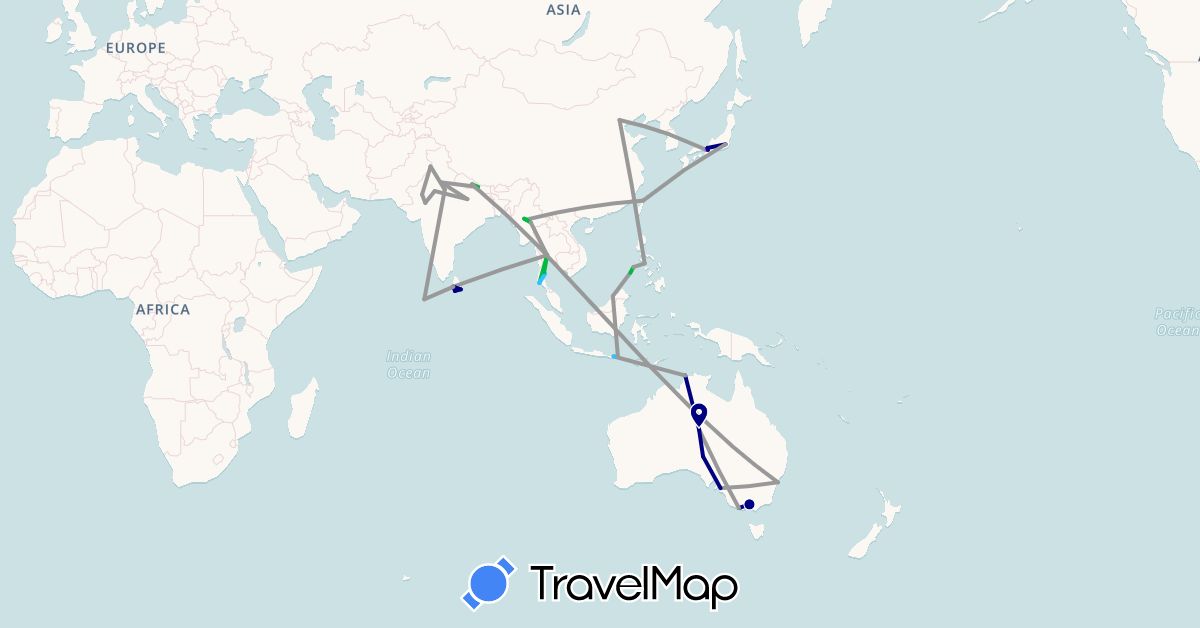 TravelMap itinerary: driving, bus, plane, train, boat in Australia, Brunei, China, Indonesia, India, Japan, South Korea, Sri Lanka, Myanmar (Burma), Maldives, Nepal, Philippines, Thailand, Taiwan (Asia, Oceania)